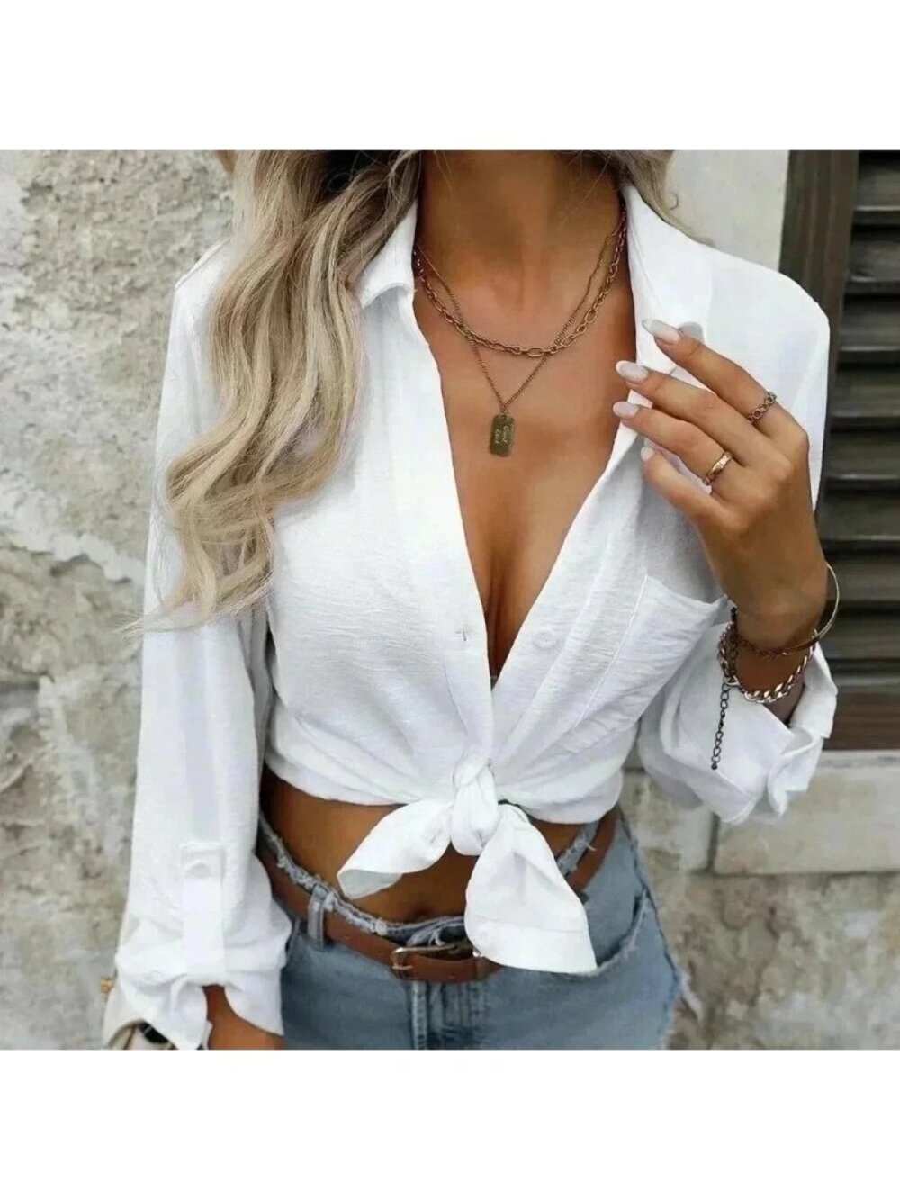 White Casual Women's Pocket Button Front Long Sleeve Shirt